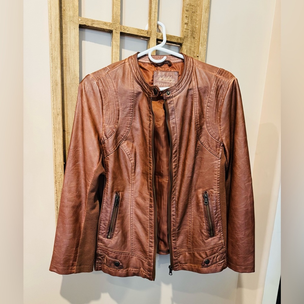 Sebby Collection Medium Camel Brown Pleather Jacket